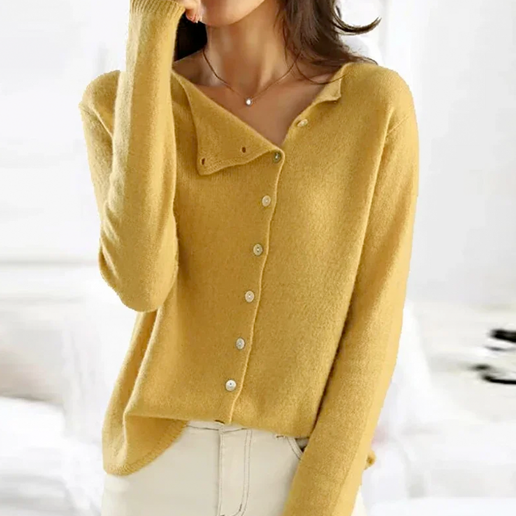Bellune | Women's Elegant Cardigan with Asymmetrical Buttons Soft Knit Relaxed Fit Cosy Layer-Womens' Cardigan-Yellow-One size-