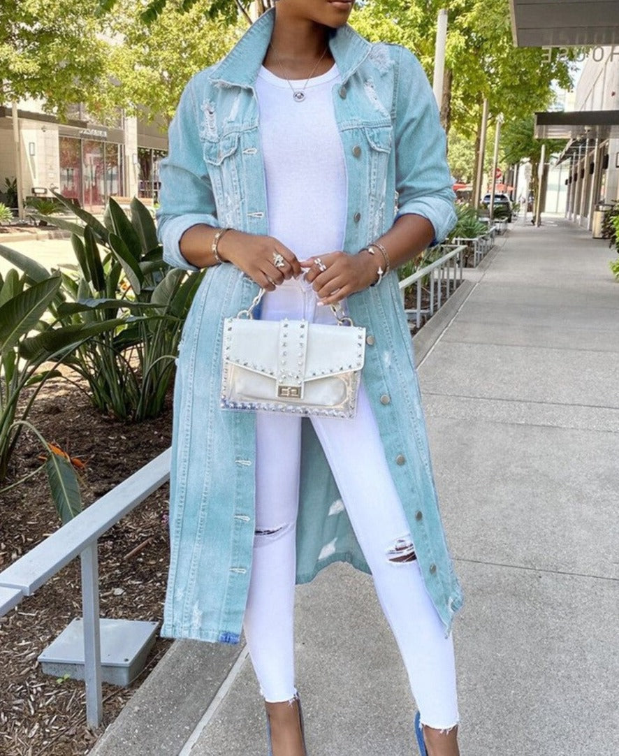Suzie Long Denim Jacket for Women - Casual Button Coat with Pockets-Women's Denim Jacket-Turquoise-S-Camoufit