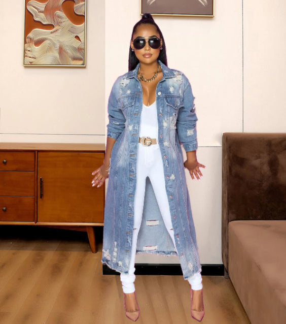 Suzie Long Denim Jacket for Women - Casual Button Coat with Pockets-Women's Denim Jacket-Light blue-S-Camoufit