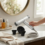 Silver hair dryer with cord and two black magnetic styling nozzles and brush attachment