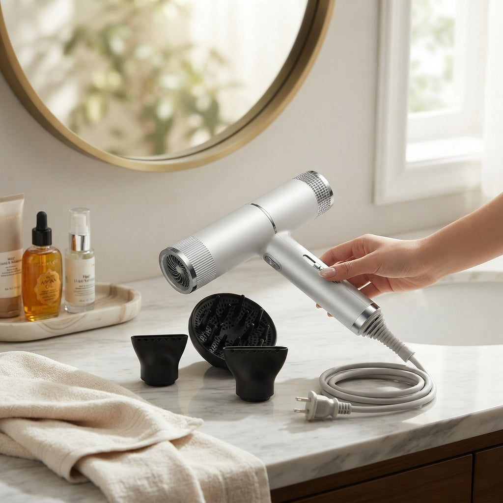 Silver hair dryer with cord and two black magnetic styling nozzles and brush attachment