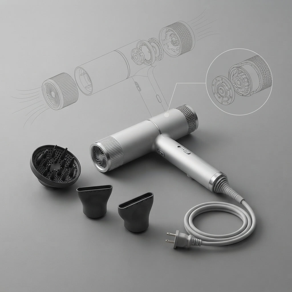 Silver hair dryer with cord, two black magnetic concentrator nozzles, and brush head