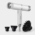 Silver hair dryer with diffuser brush, two concentrator nozzles, and power cord