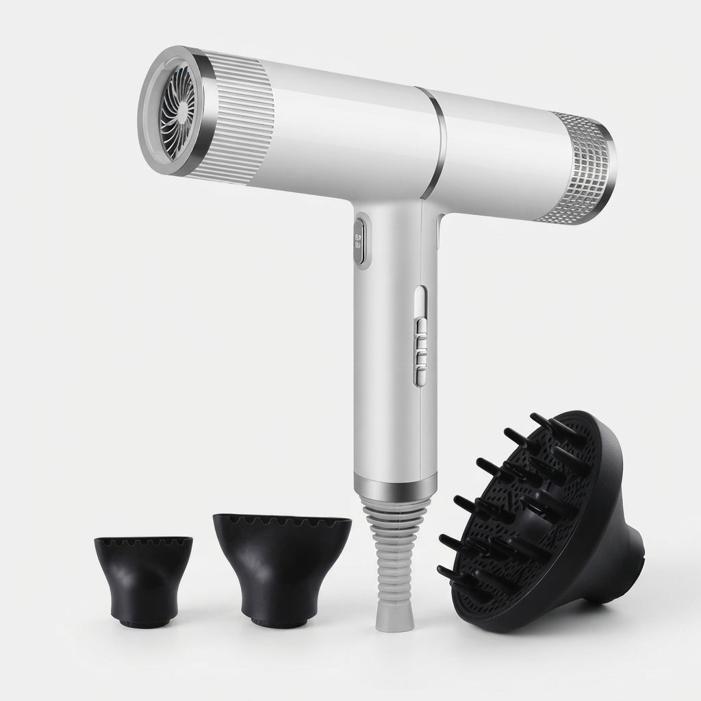 Silver hair dryer with diffuser brush, two concentrator nozzles, and power cord