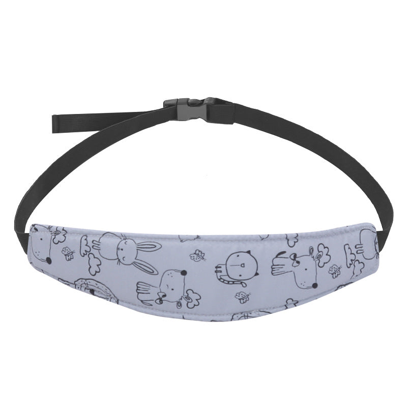 Child car seat headrest strap with light blue cartoon animal doodle pattern