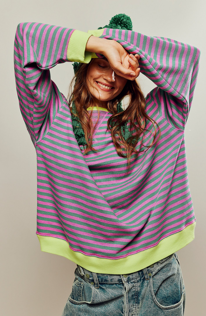 Tahlia Women's Striped Oversized Sweater-Women's Sweater-CAMOUFIT-Green & Pink-S-Camoufit
