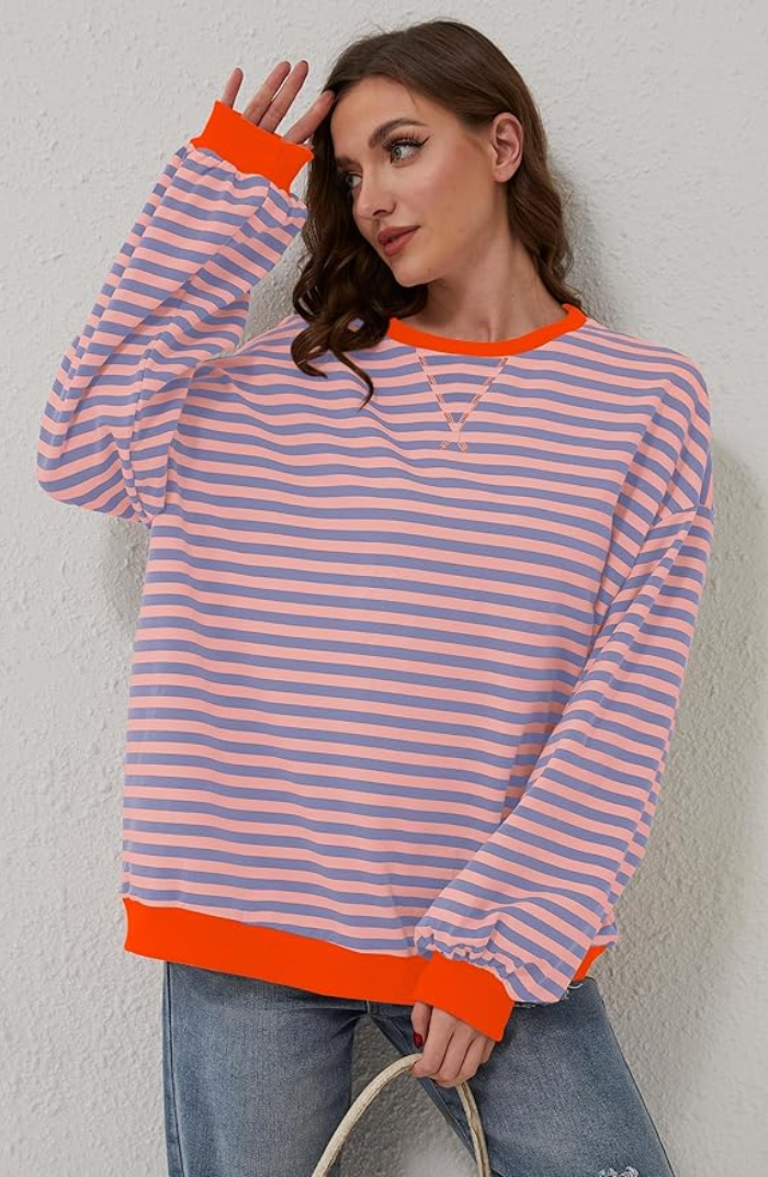 Tahlia Women's Striped Oversized Sweater-Women's Sweater-CAMOUFIT-Orange & Blue-S-Camoufit