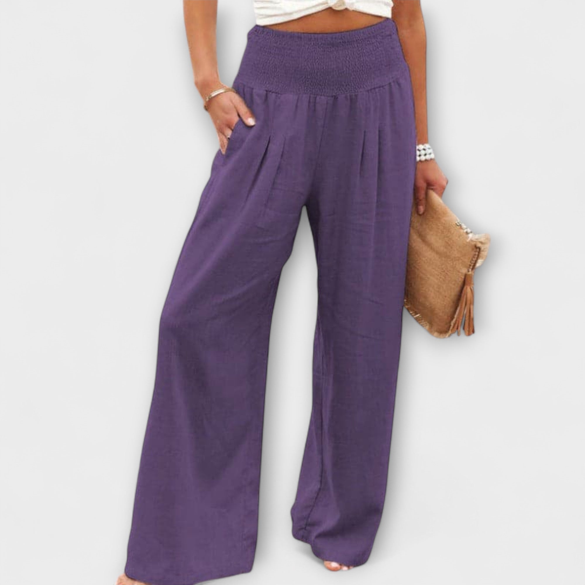 Solenne | Wide Leg Pants for Women - Casual Mid Rise Loose Relaxed Versatile Fit-Women's Pants-Purple-S-Camoufit
