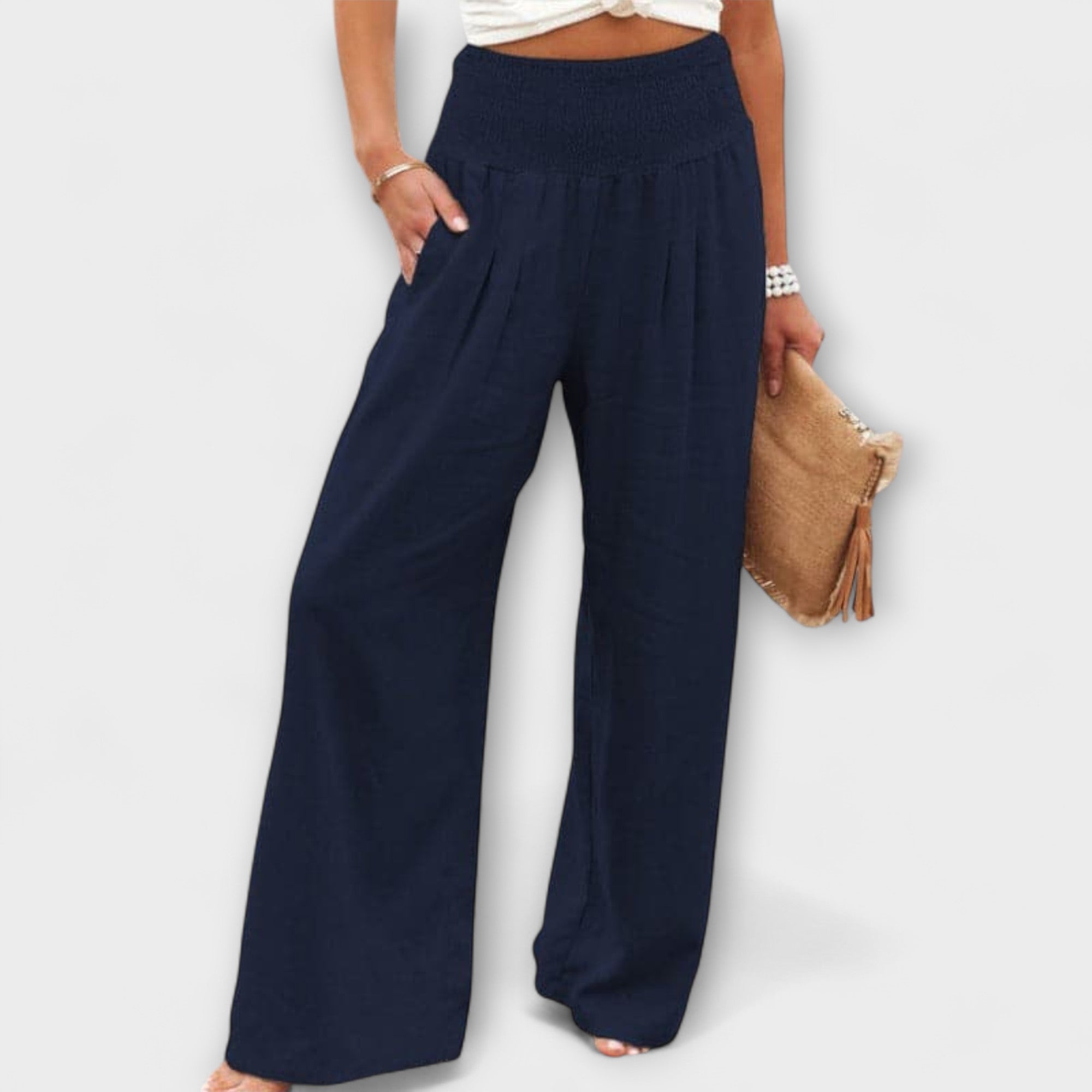 Solenne | Wide Leg Pants for Women - Casual Mid Rise Loose Relaxed Versatile Fit-Women's Pants-Blue-S-Camoufit