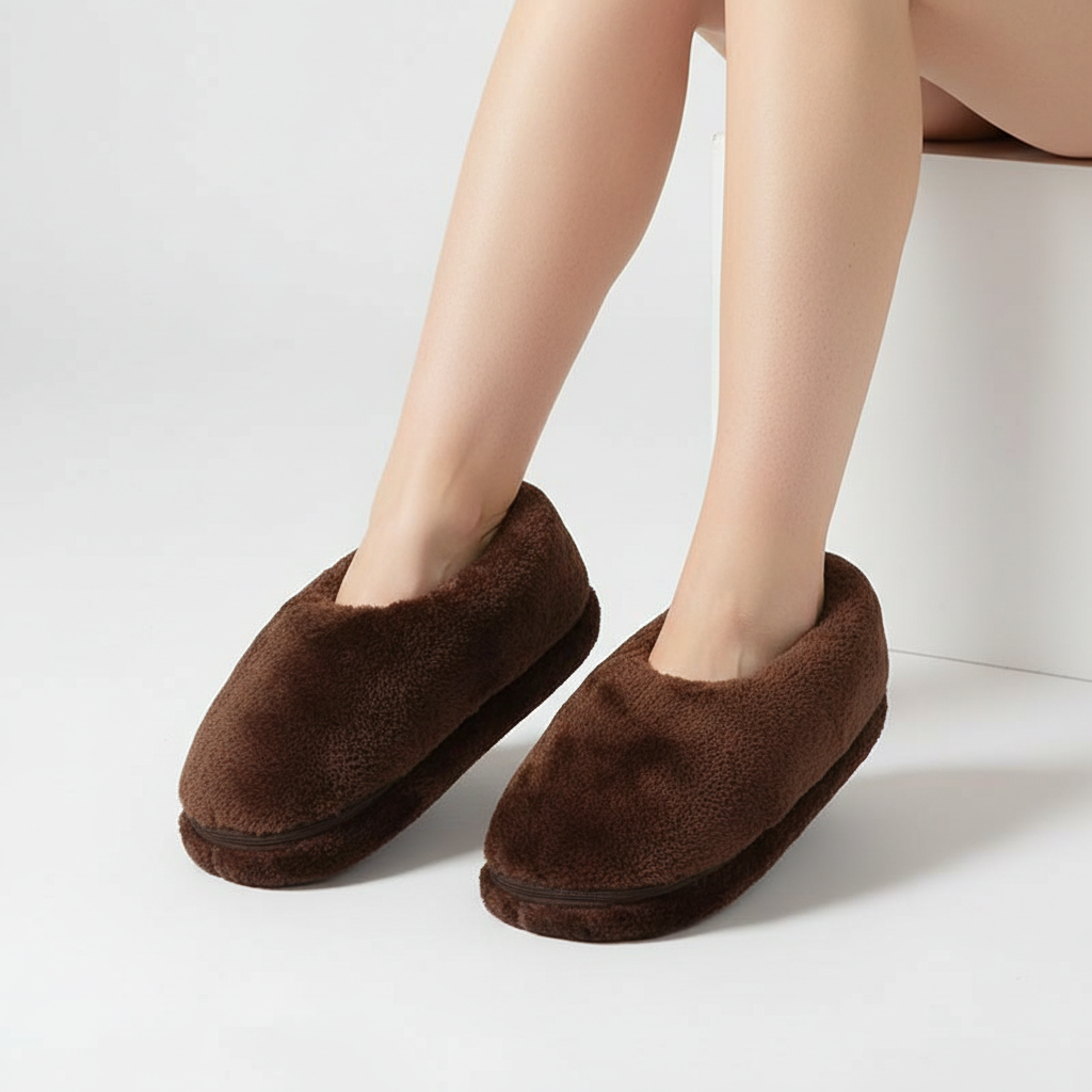 Brown plush heated slippers with slip-on design and cushioned sole