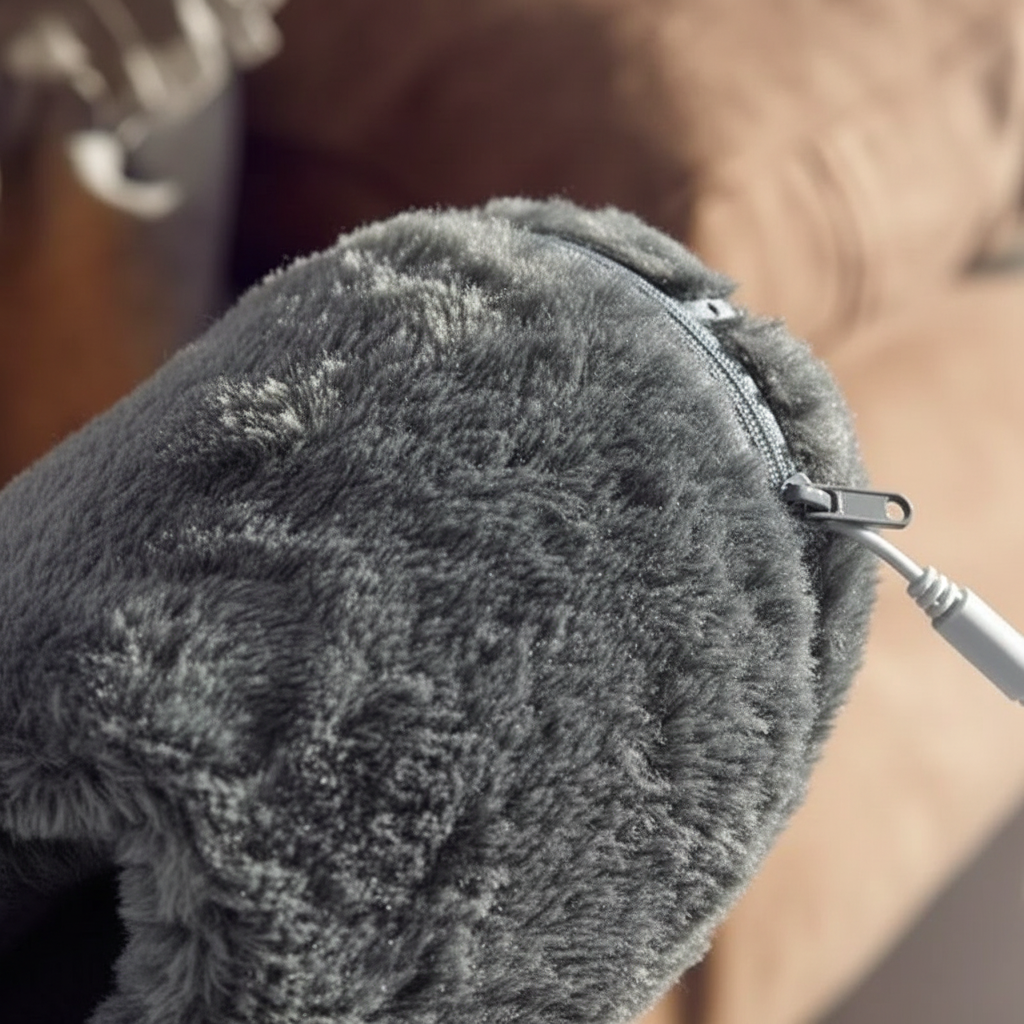 Gray plush slipper heel with attached power cord connector