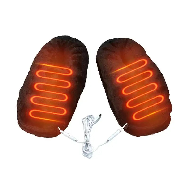 Dark brown heated slippers with glowing red heat lines and power cable