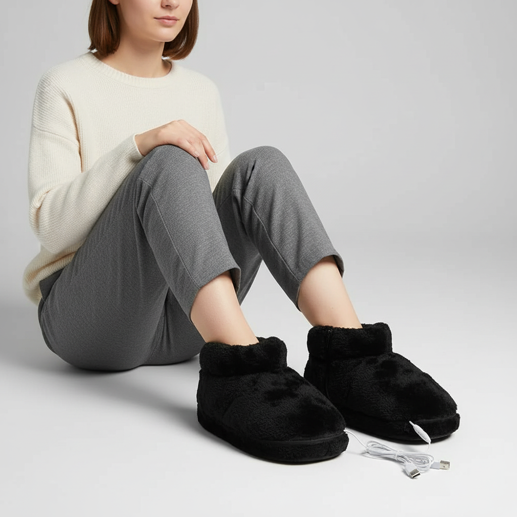 Black plush heated slippers with visible charging cables, slip-on indoor shoes