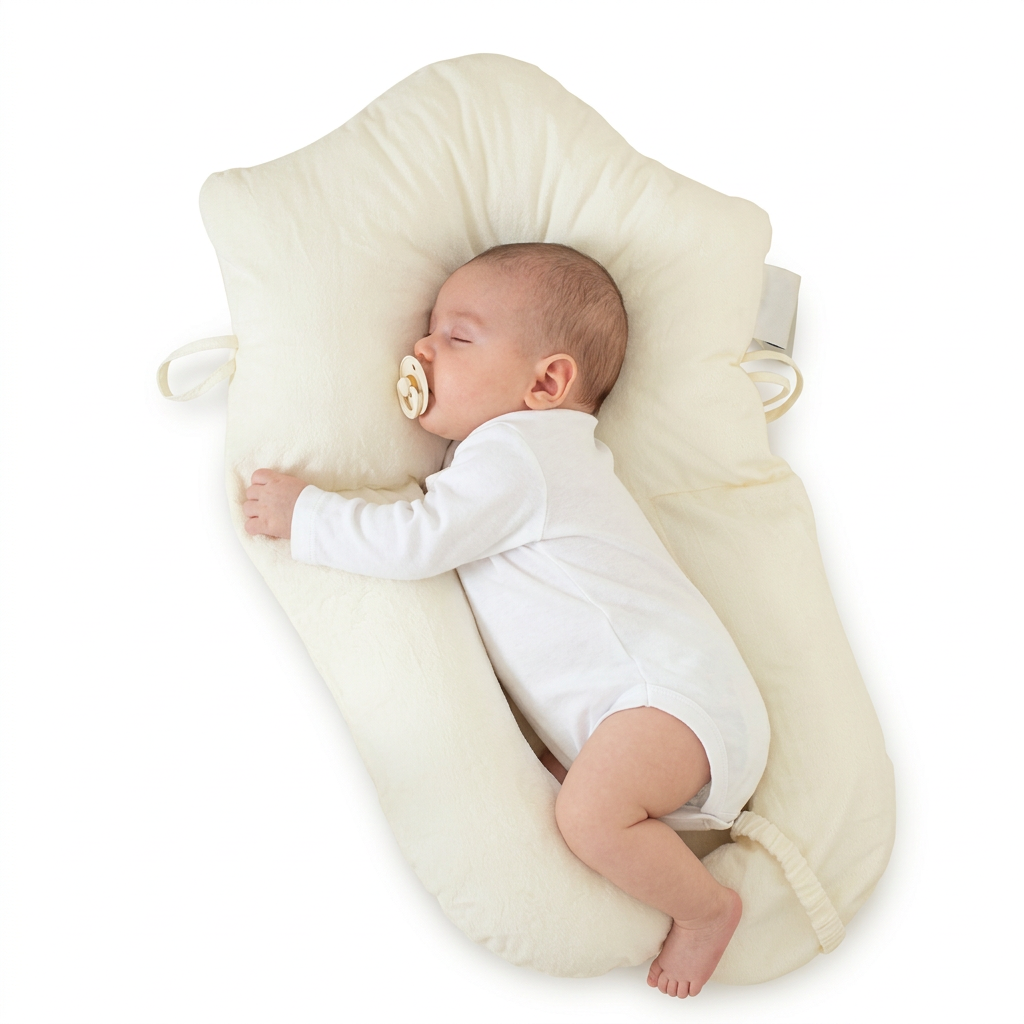 A sleeping baby wearing a white long-sleeve bodysuit rests on a cream-colored newborn nursing pillow, shown against a solid white background.