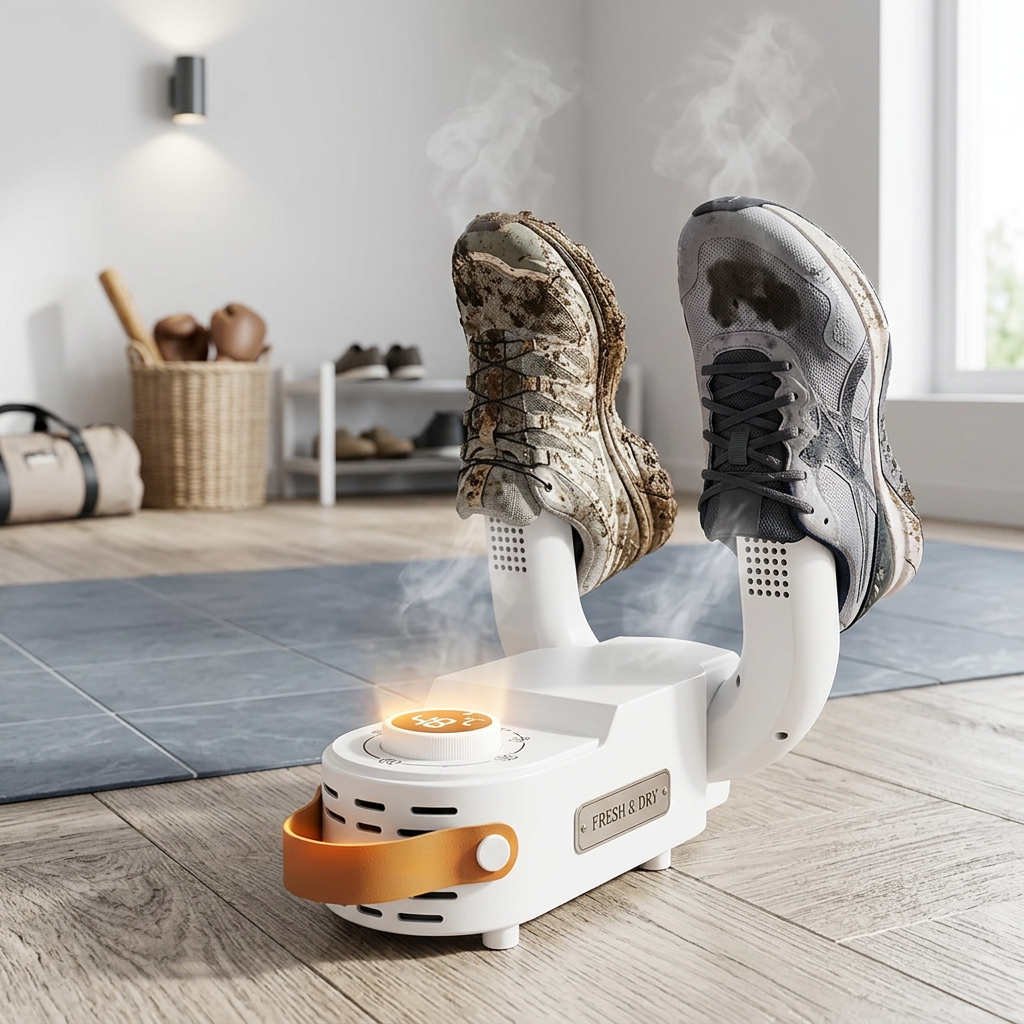 Portable electric shoe dryer holding boots on vented arms with orange control knob