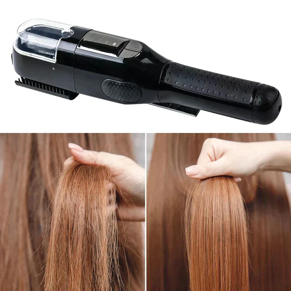 Black split-end hair trimmer with textured grip and open blade guard, angled view