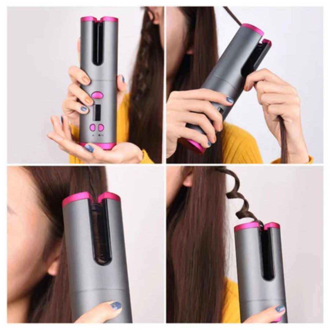 Automatic curling iron set showing gray body with pink edges and heat barrel.