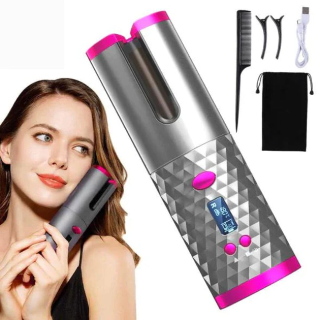 Gray cordless automatic curling iron with pink accents and attached comb tools.