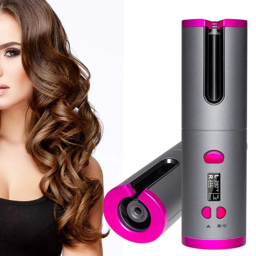 Cordless automatic curling iron with gray body and pink control buttons.