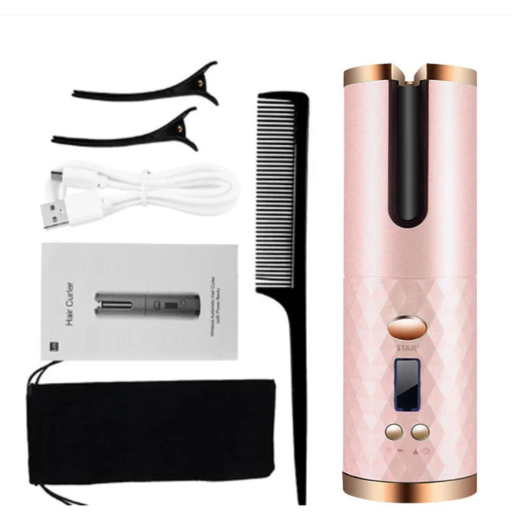 Automatic curling iron in pink and gold, shown with comb, cable, and storage pouch.