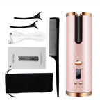 Automatic curling iron in pink and gold, shown with comb, cable, and storage pouch.