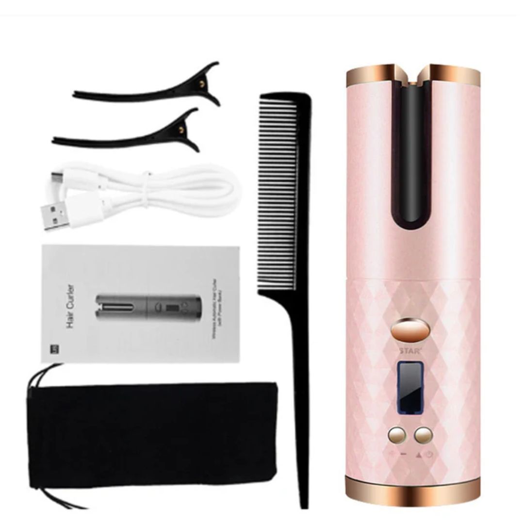 Automatic curling iron in pink and gold, shown with comb, cable, and storage pouch.