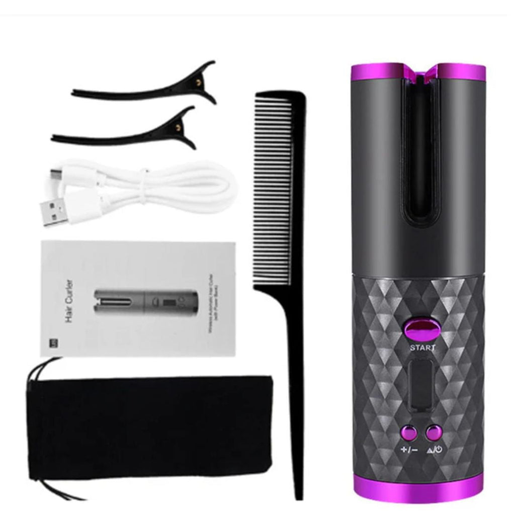 Gray automatic curling iron with pink base and diamond texture pattern.