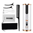 Automatic curling iron in white with gold accents, includes brush, comb, cable, and case.