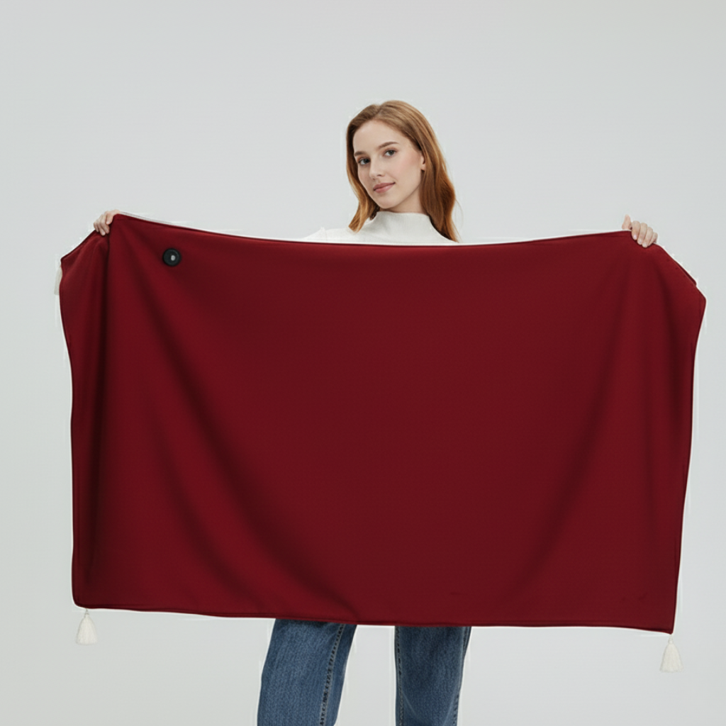 Red USB heated blanket throw with zipper front, button patch, and hanging tassels