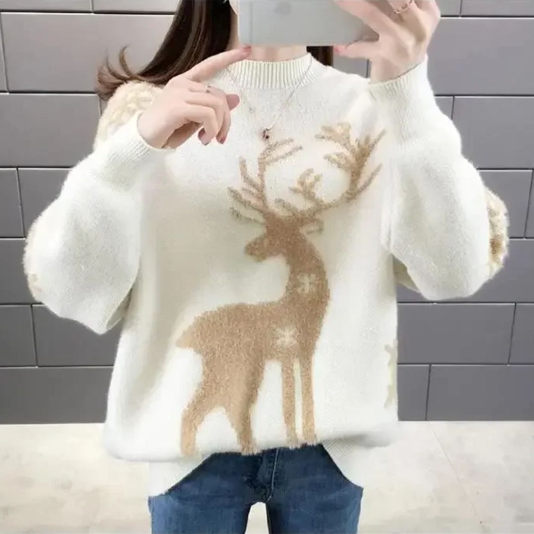Women’s white knit crewneck Christmas sweater with tan reindeer and branch motif