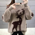 Women’s taupe gray knit crewneck Christmas sweater with dark reindeer silhouette and snowflakes