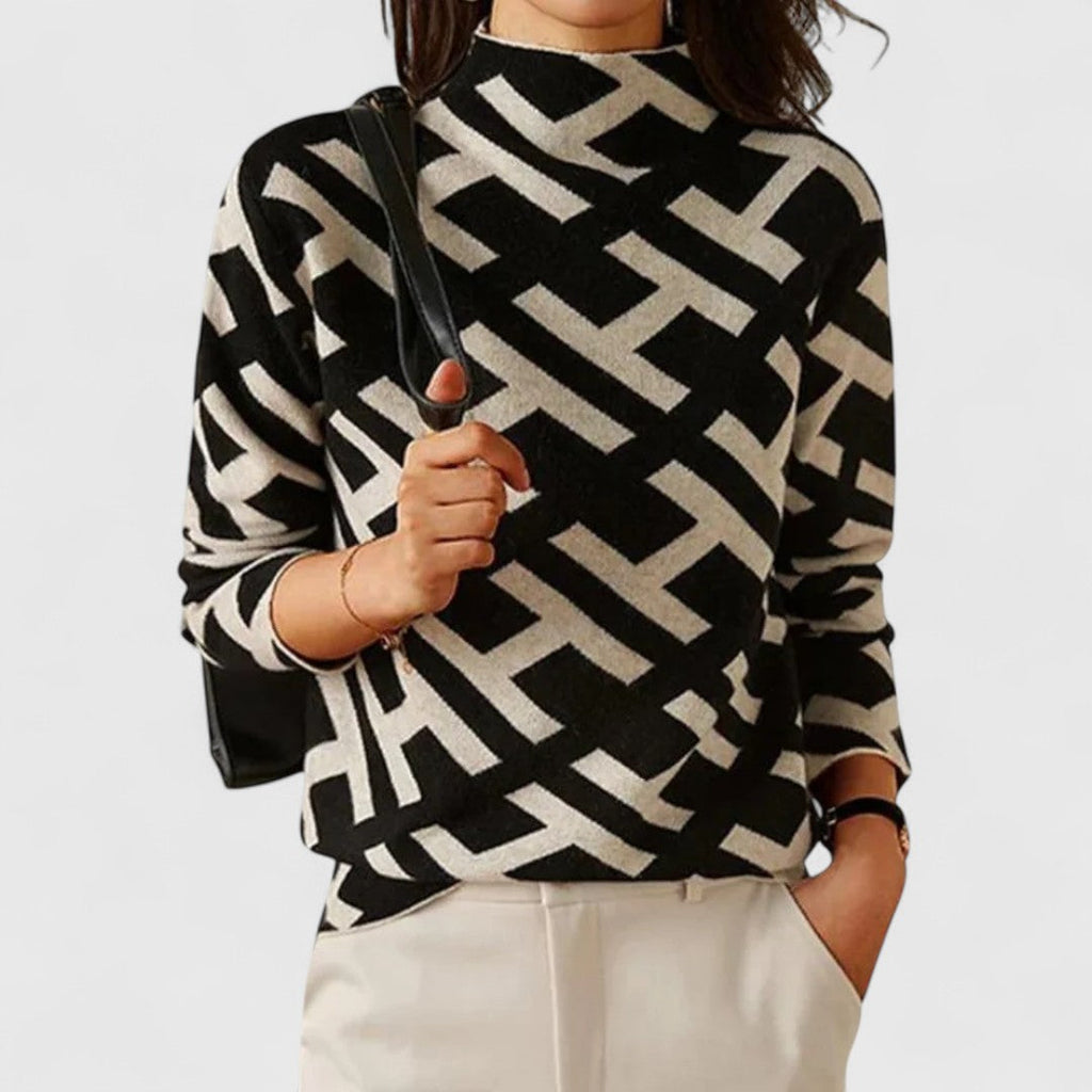 Sephira | Women's Geometric Knit Sweater - Long Sleeve Modern Pattern Pullover