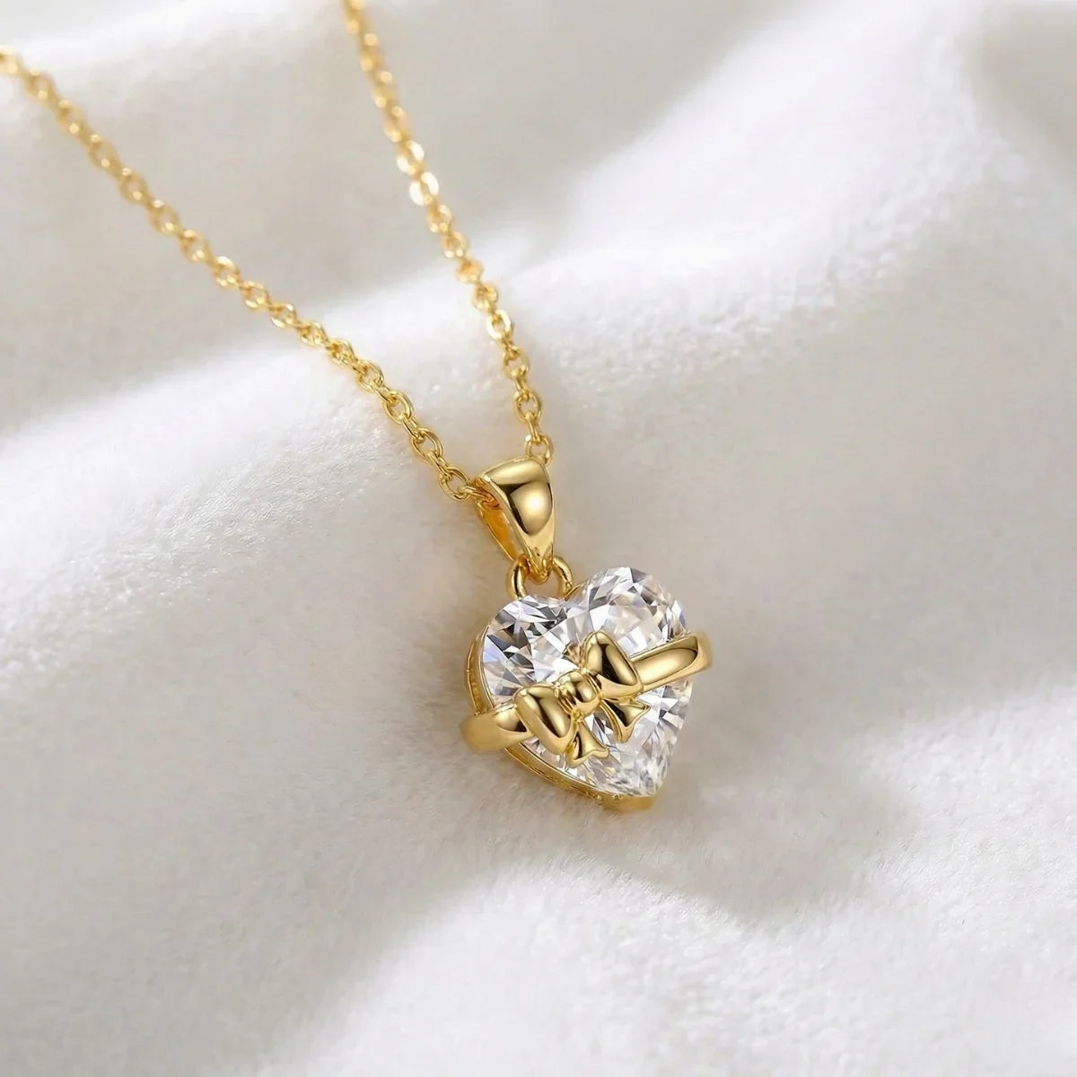 Yavina | Heart Necklace for Women - Gold Bow Sparkling Stone Delicate Elegant Fit-Necklaces-Gold-Camoufit