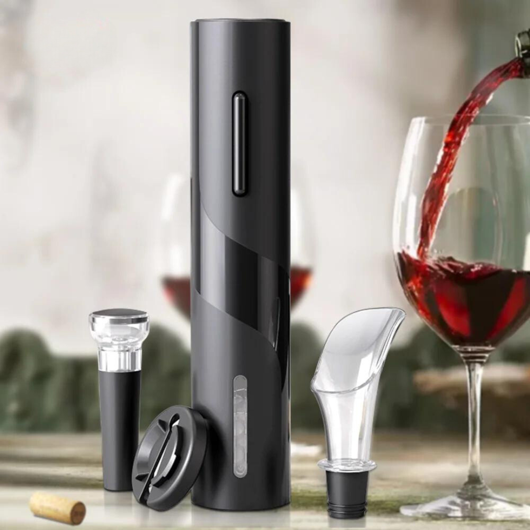 Automatic electric wine opener with black charging stand and corkscrew tool