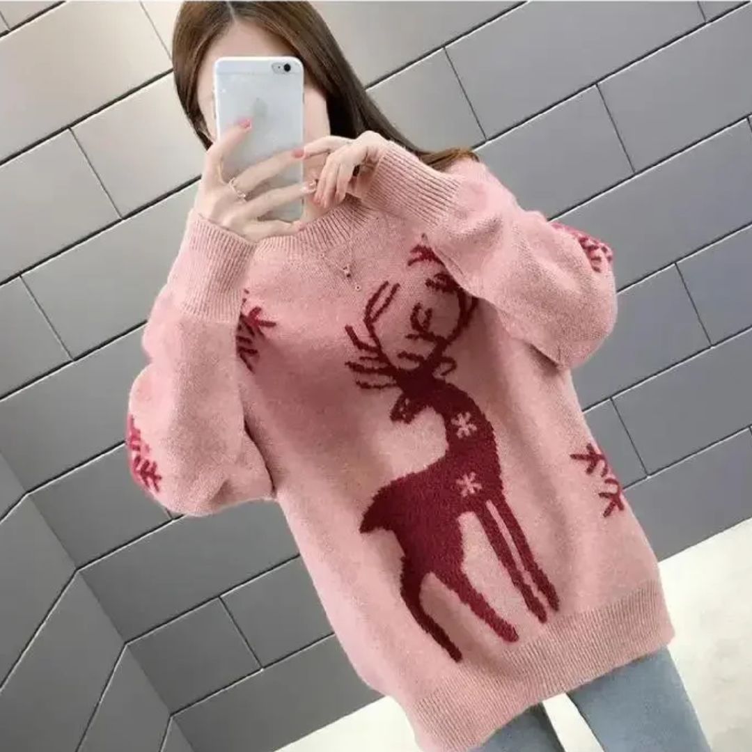 Women’s blush knit crewneck Christmas sweater with dark red reindeer intarsia pattern