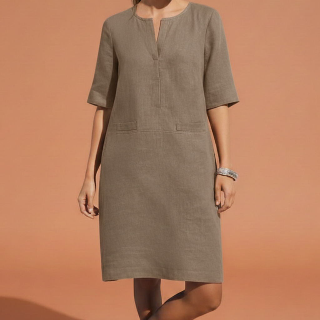Women's Elegant Shift Dress with Notched Neckline Elbow Sleeves Side Pockets Breathable Style-Midi Dresses-Beige-S-