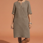 Women's Elegant Shift Dress with Notched Neckline Elbow Sleeves Side Pockets Breathable Style-Midi Dresses-Beige-S-