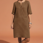 Women's Elegant Shift Dress with Notched Neckline Elbow Sleeves Side Pockets Breathable Style-Midi Dresses-Brown-S-