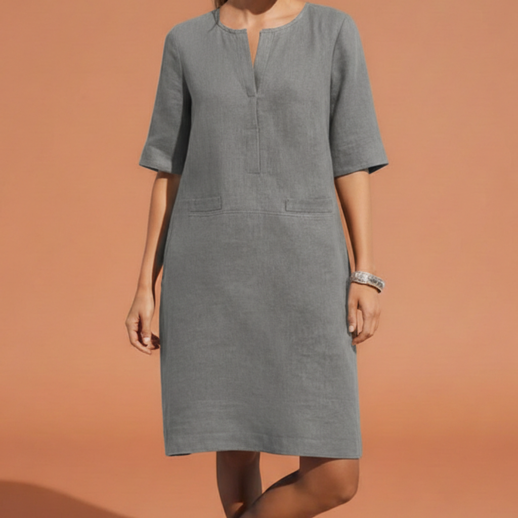 Women's Elegant Shift Dress with Notched Neckline Elbow Sleeves Side Pockets Breathable Style-Midi Dresses-Grey-S-