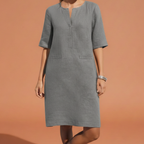 Women's Elegant Shift Dress with Notched Neckline Elbow Sleeves Side Pockets Breathable Style-Midi Dresses-Grey-S-