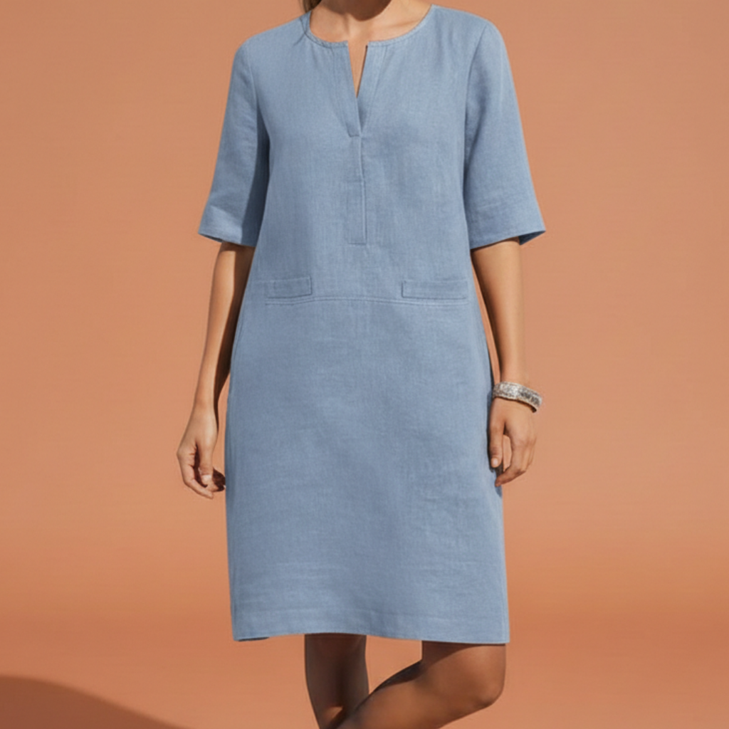 Women's Elegant Shift Dress with Notched Neckline Elbow Sleeves Side Pockets Breathable Style-Midi Dresses-Blue-S-