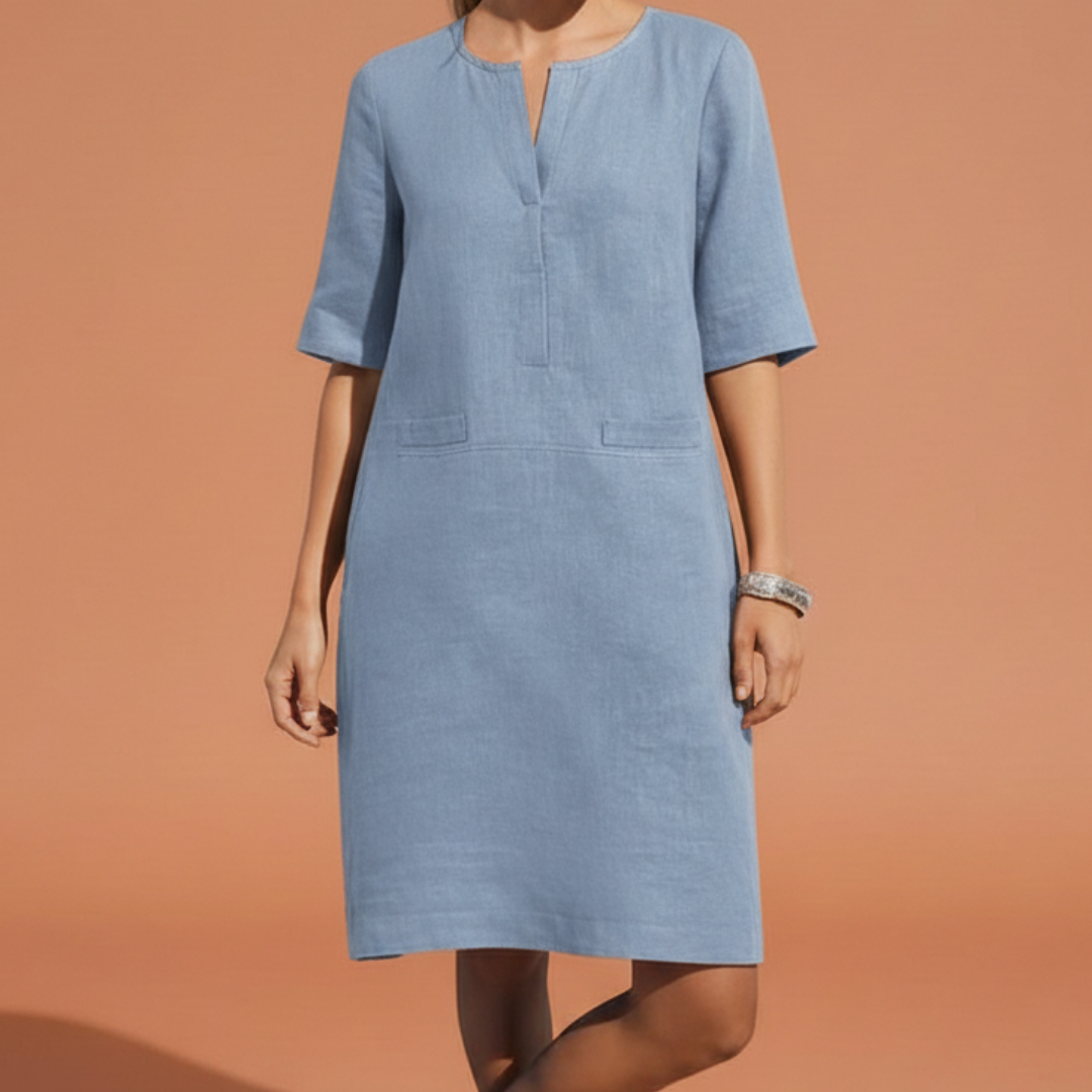 Women's Elegant Shift Dress with Notched Neckline Elbow Sleeves Side Pockets Breathable Style-Midi Dresses-Blue-S-