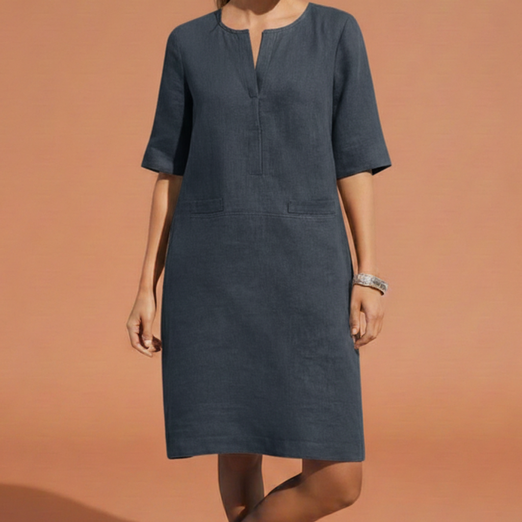 Women's Elegant Shift Dress with Notched Neckline Elbow Sleeves Side Pockets Breathable Style-Midi Dresses-Navy Blue-S-