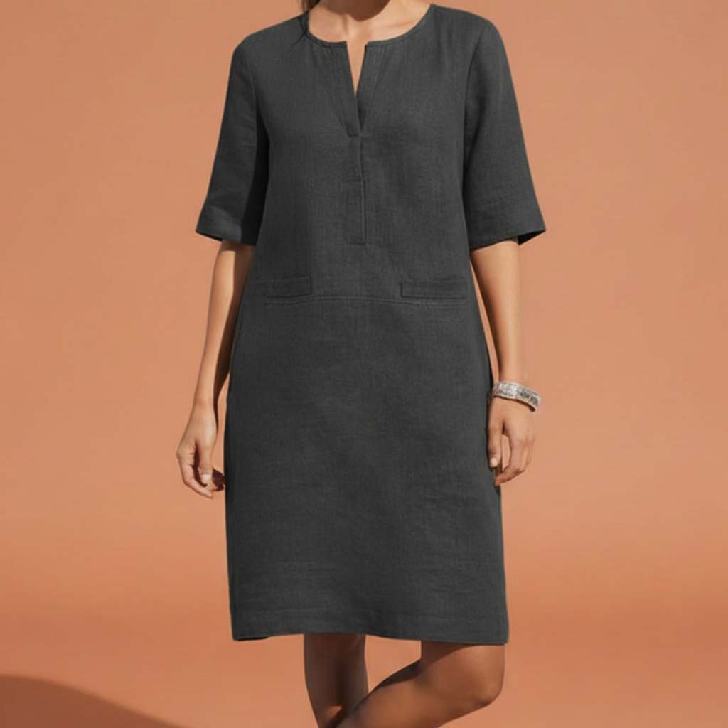 Women's Elegant Shift Dress with Notched Neckline Elbow Sleeves Side Pockets Breathable Style-Midi Dresses-Dark Gray-S-