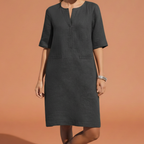 Women's Elegant Shift Dress with Notched Neckline Elbow Sleeves Side Pockets Breathable Style-Midi Dresses-Dark Gray-S-