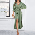 Women's Elegant V-Neck Spring Dress Flowy Lightweight Flattering Fit for Every Occasion-Dresses-Green-S-