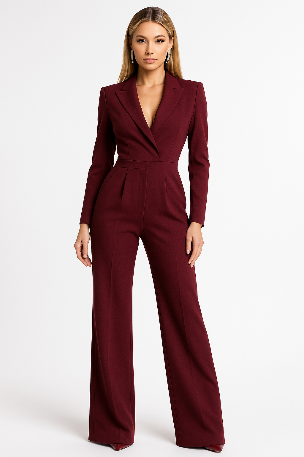 Céllia | Women's V Neck Wide Leg Jumpsuit Wrap Front Tailored Structured Elegant Evening Playsuit-Jumpsuit-Red-S-Camoufit
