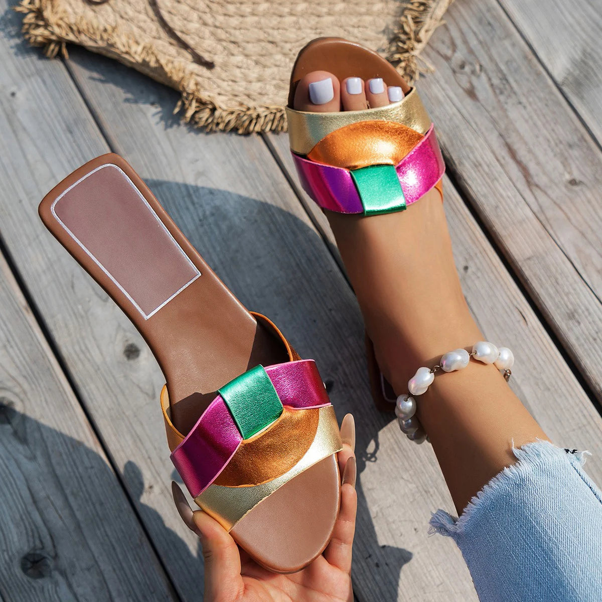 Roséa | Slip On Sandals for Women - Smooth Flat Slipper Elegant Comfort Fit-Women's Sandals-Pink-5-Camoufit