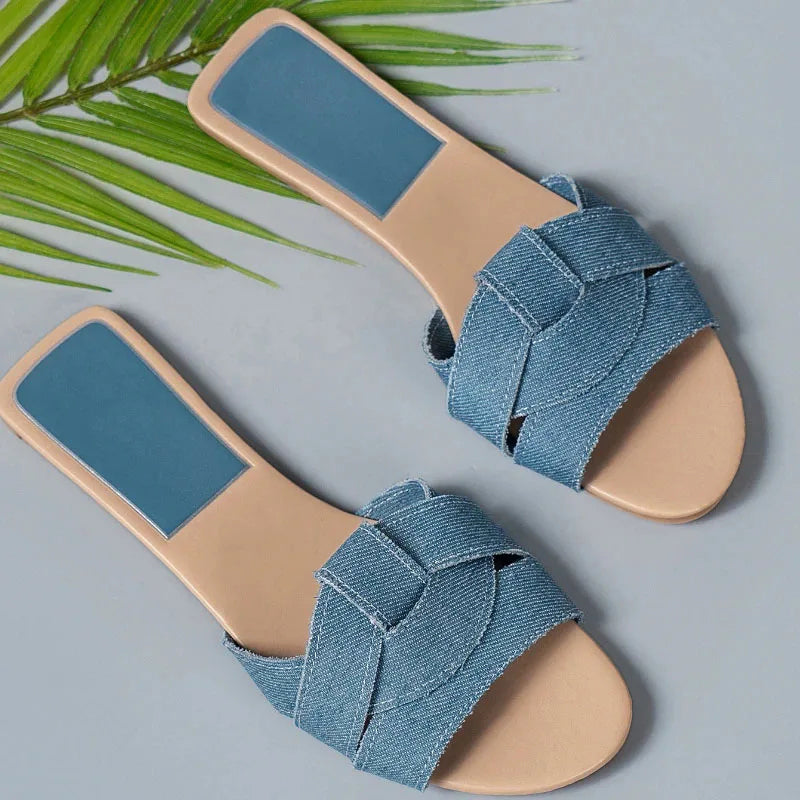 Roséa | Slip On Sandals for Women - Smooth Flat Slipper Elegant Comfort Fit-Women's Sandals-Blue-5-Camoufit