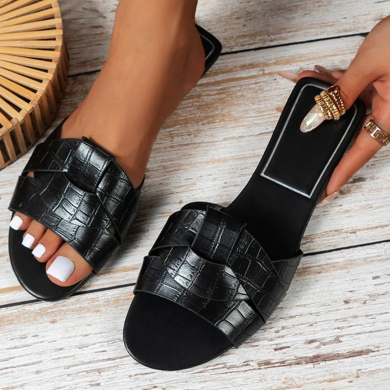 Roséa | Slip On Sandals for Women - Smooth Flat Slipper Elegant Comfort Fit-Women's Sandals-Black-5-Camoufit